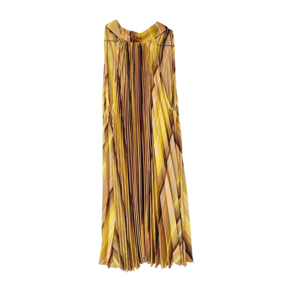 Janette Fashion Pleated Halter Dress Yellow Brown Beige Striped Size M Made USA